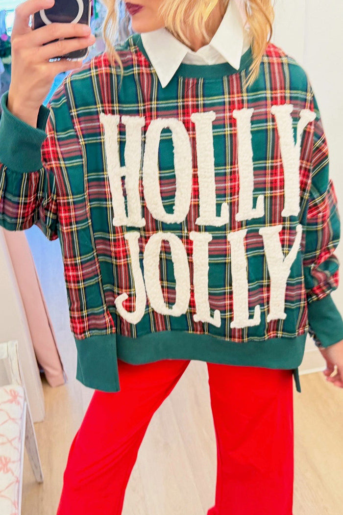 Green Plaid Letter Patch Sweatshirt