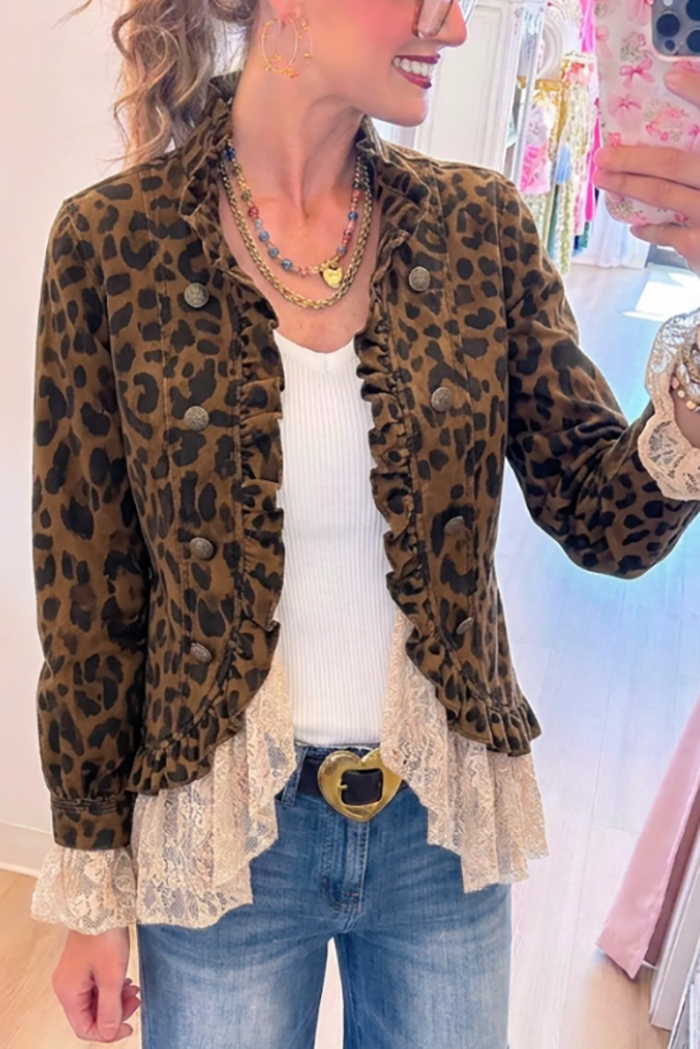 Casual Leopard Print Lace Denim Jacket