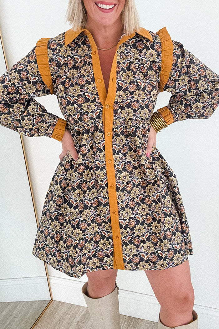 Floral Long Sleeve Button Pocket Dress