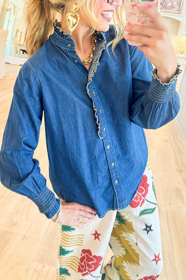 Denim Ruffle Button Up Top