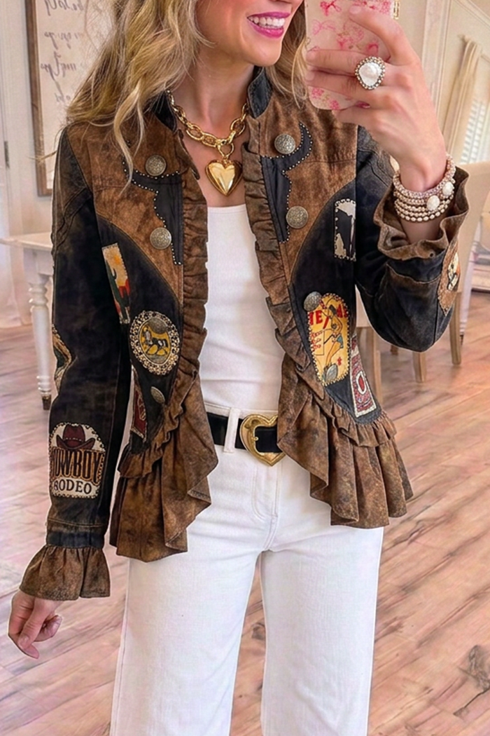 Vintage Brown Western Patchwork Ruffle Hem Jacket