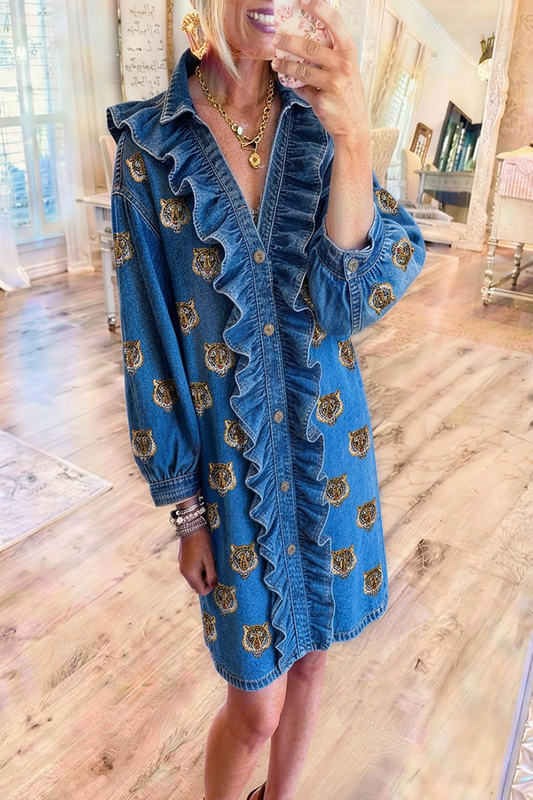 Denim Ruffle Placket Balloon Sleeve Tiger Motif Embroidered Shirt Dress