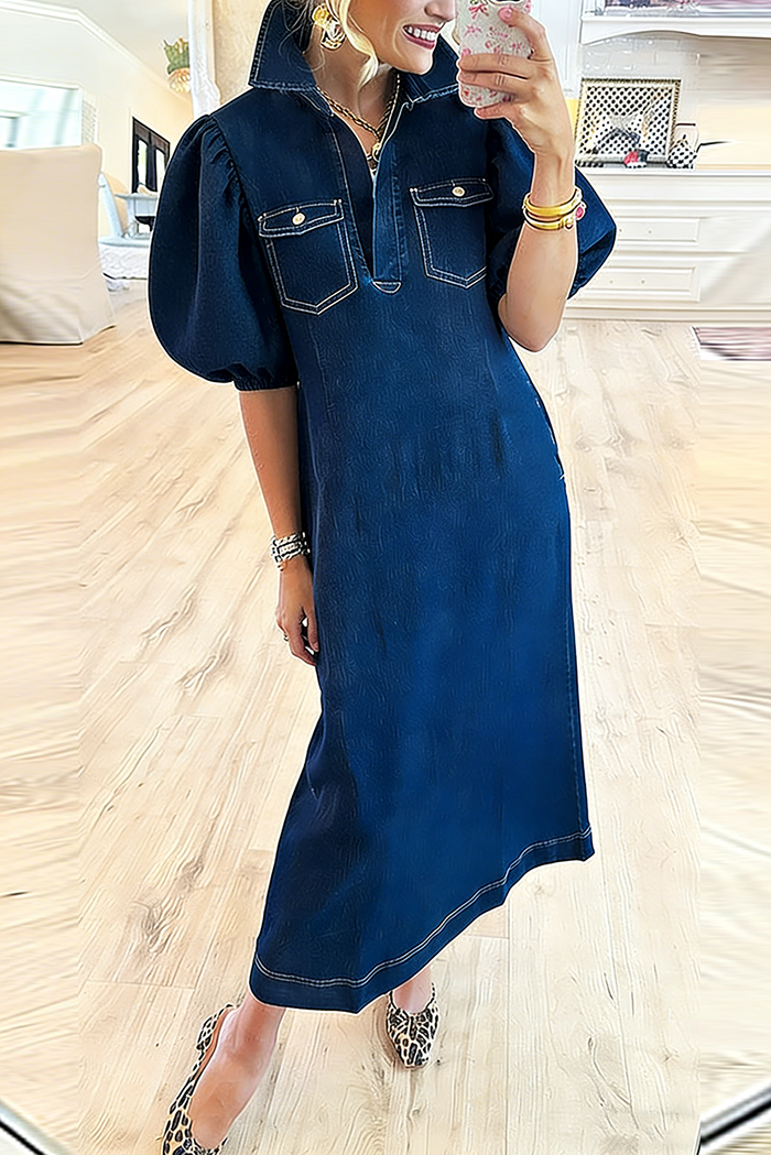 Collared Puff Sleeve Chest Pocket Denim Maxi Dress