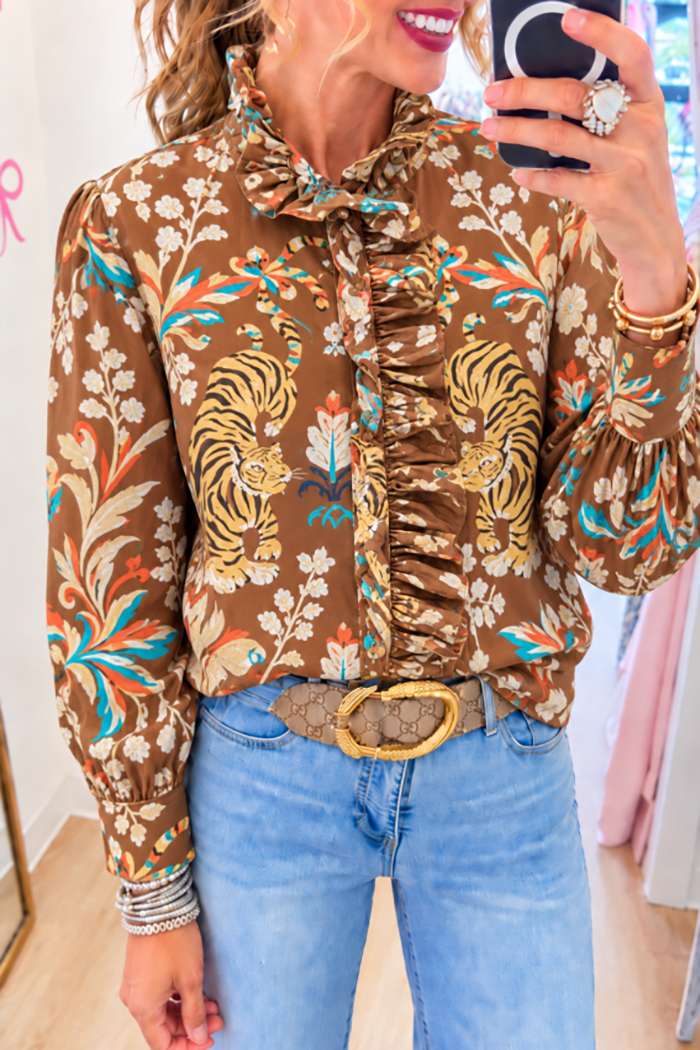 Ruffle Placket Tiger Print Shirt Top