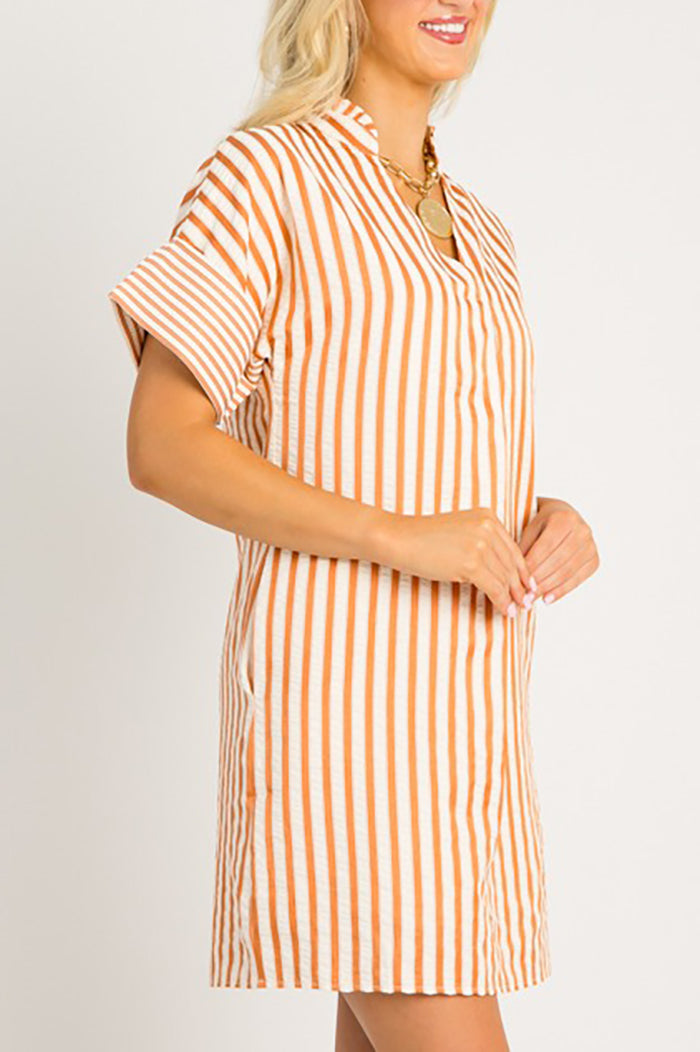 Striped Cuffed Sleeves Pocket Dress