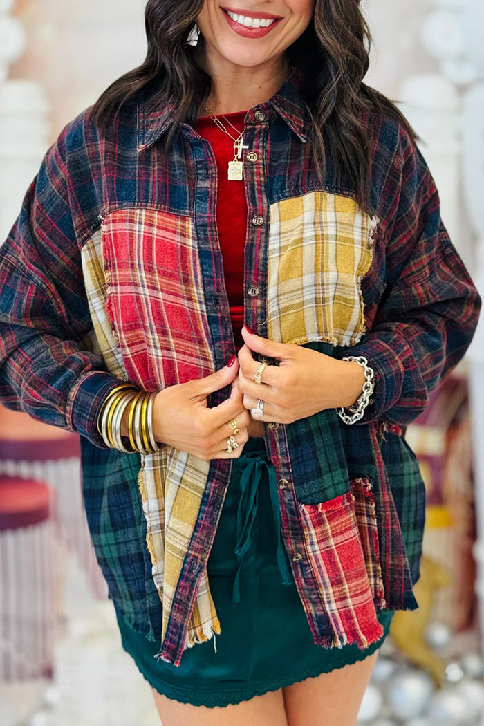 Casual Plaid Patchwork Button Down Top