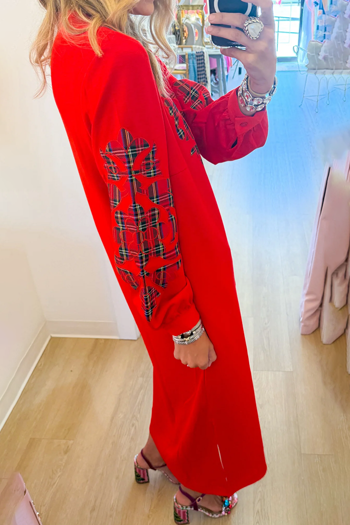 Red Plaid Applique Pocket Maxi Dress