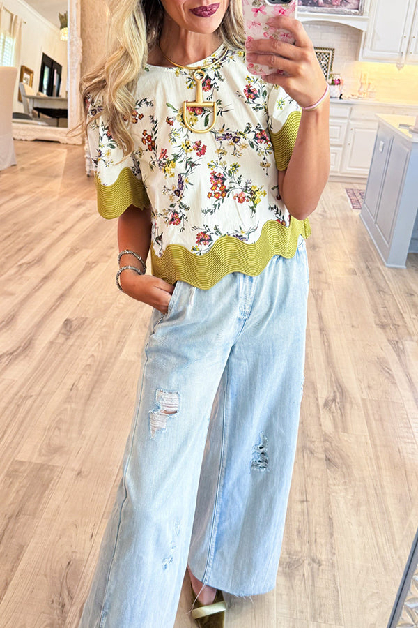 Scallop Edge Trim Floral Top