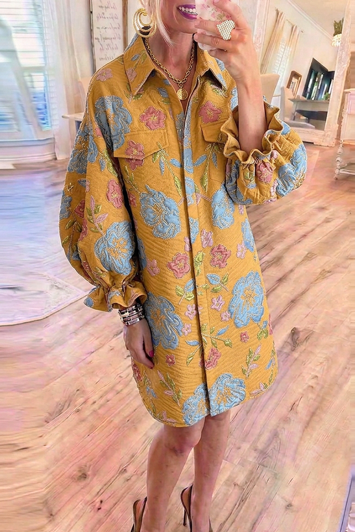 Floral Jacquard Collar Puff Ruffle Sleeves Pocket Dress