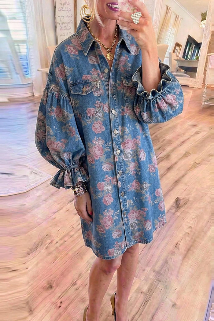 Blue Denim Collared Floral Balloon Ruffle Cuff Shirt Dress