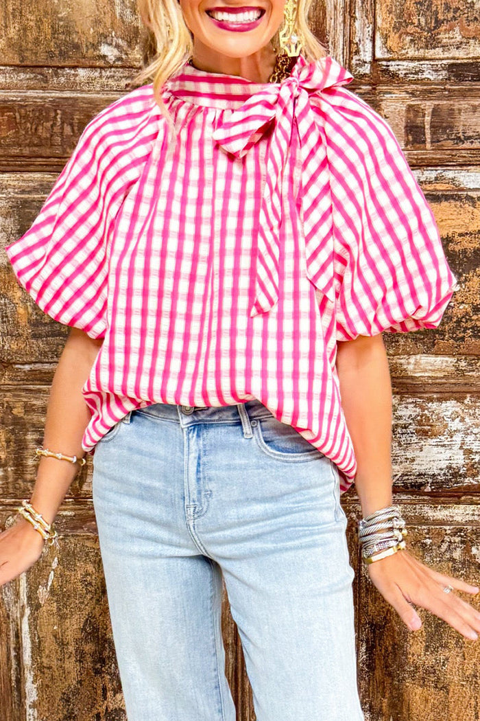 Pink Gingham Short Puff Sleeve Top