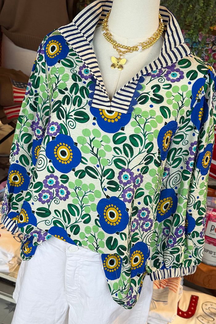 Casual Stripe Collar Floral Top