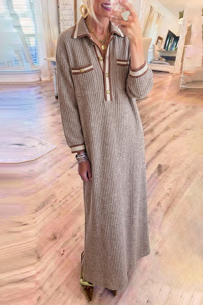Rib Knit Collared Contrast Trim Pockets Maxi Dress