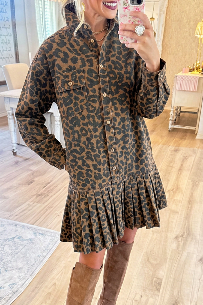 Denim Leopard Collared Pocket Pleated Shirt Dress