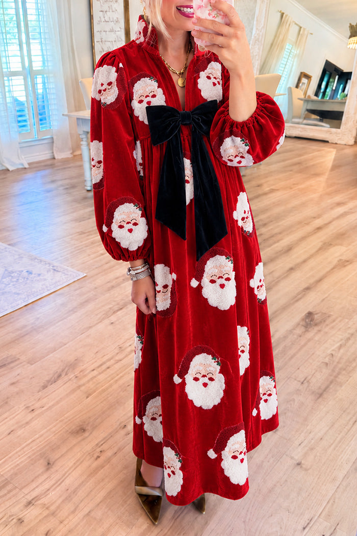 Fuzzy Santa Black Bow Velvet Maxi Dress
