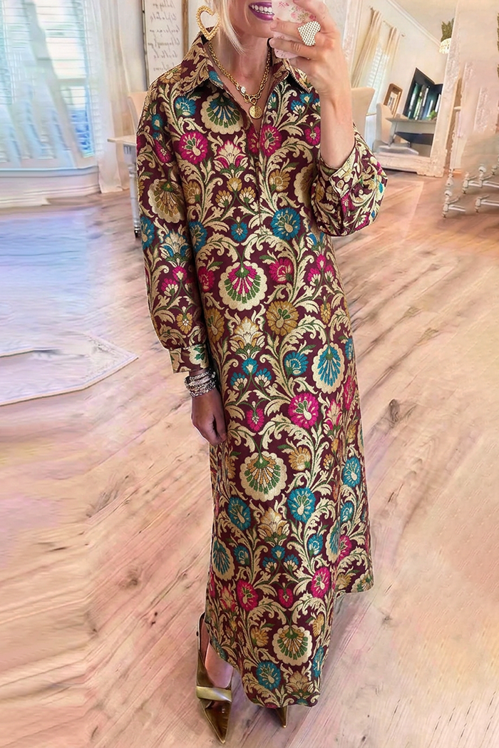 Floral Jacquard Long Sleeves Chest Pockets Maxi Dress