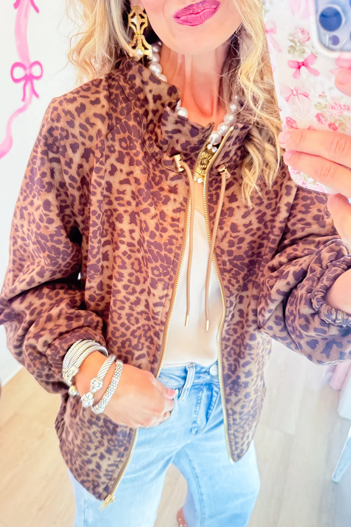 Leopard Print Hooded Drawstring Zipper Bomber Jacket