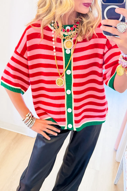Pink Red Stripe Contrast Cardigan
