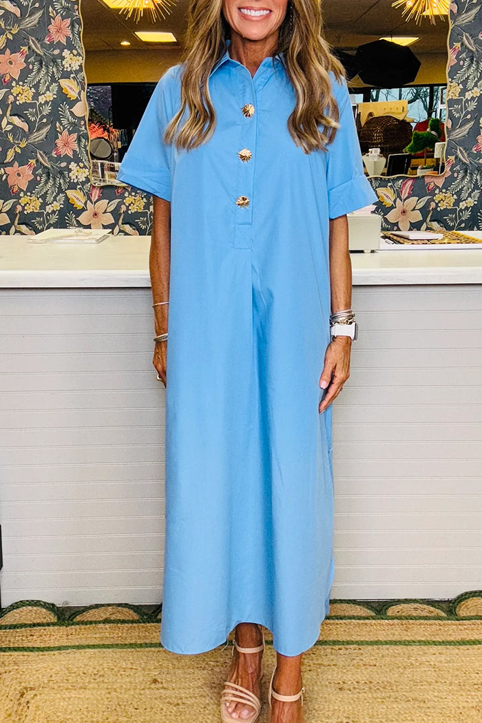 Solid Short Sleeve Pocket Midi Dress