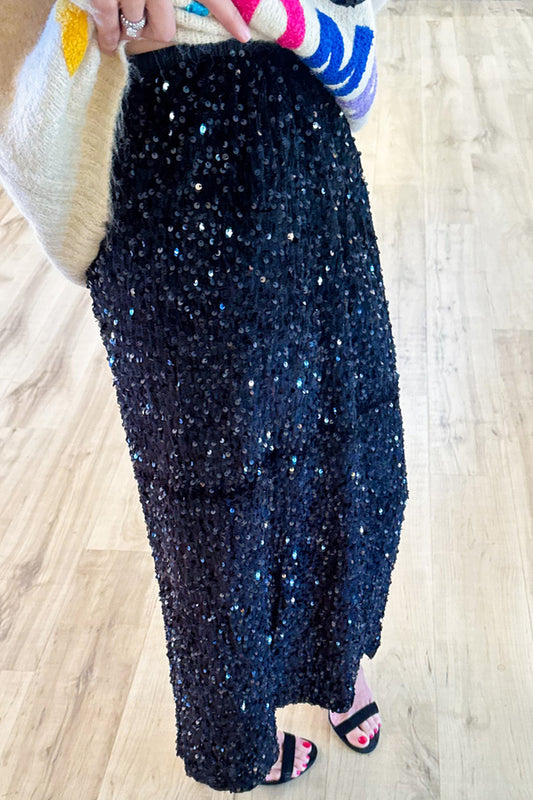 Casual Black Sequin Midi Skirt