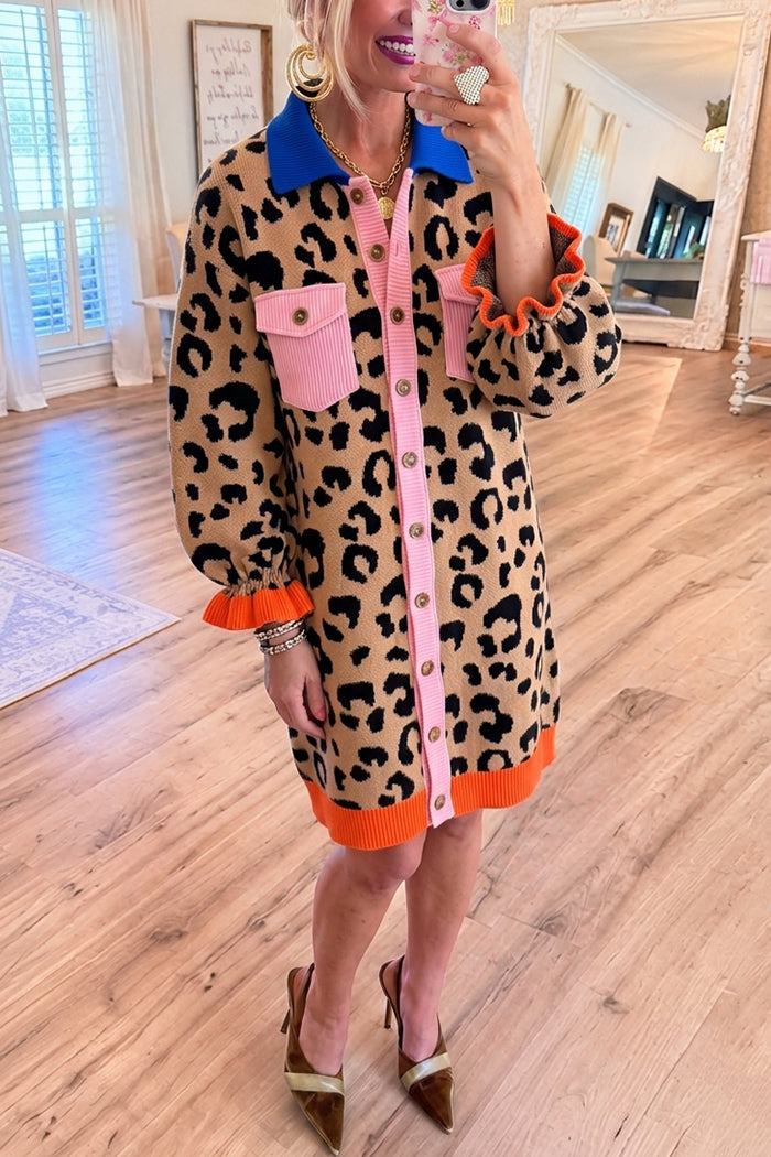 Leopard Knit Patch Pocket Ruffle Dress