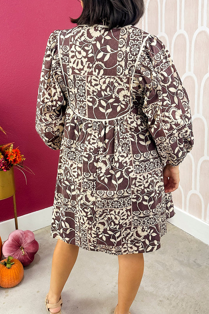 Chocolate Patchwork-Print Tie-Neck Mini Dress