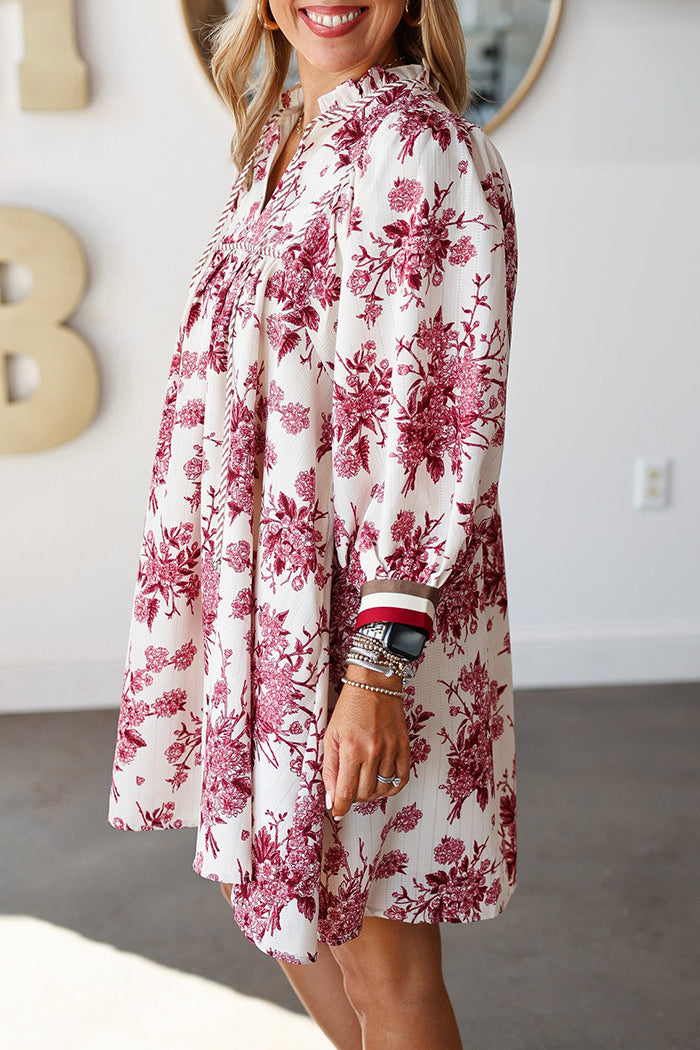 Floral Print Pocketed Tassel-Neck Dress