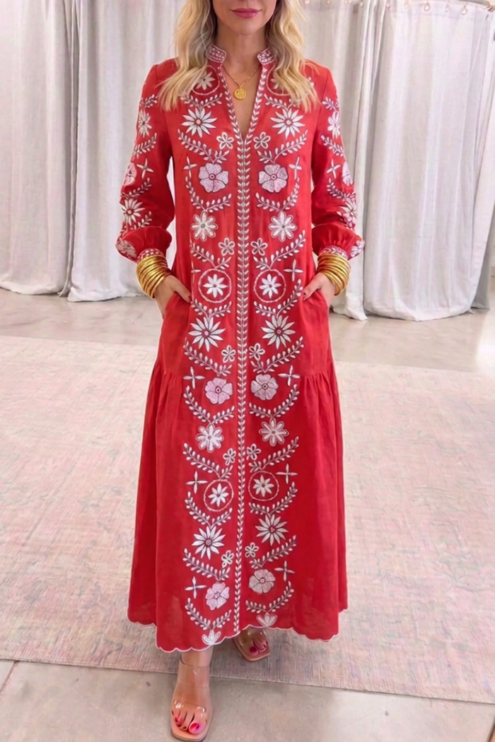 Casual V-Neck Fabric Embroidery Dress