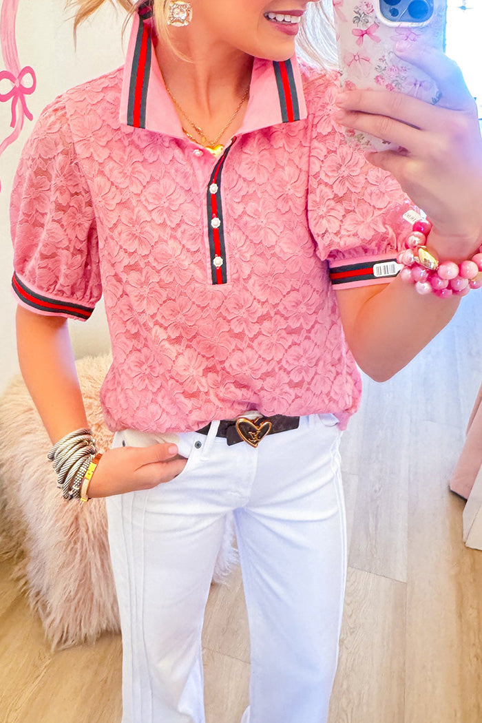 Contrast Stripe Lace Collared Button Top