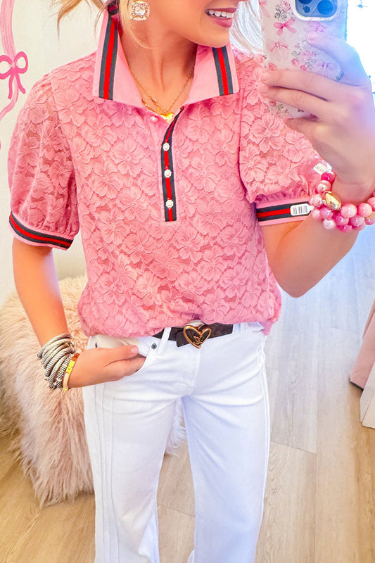 Contrast Stripe Lace Collared Button Top