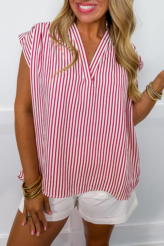 Striped Split Necklined Cap Sleeve Top