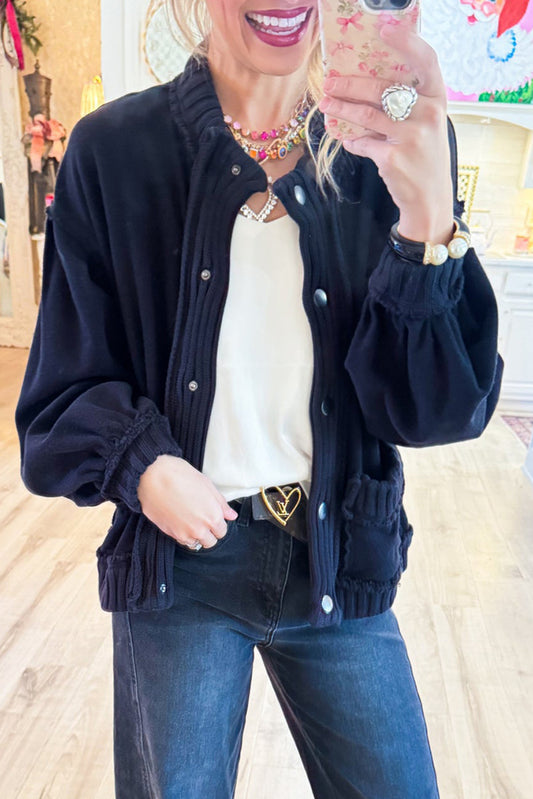 Washed Ribbed Knit Trim Pocket Cardigan Jacket