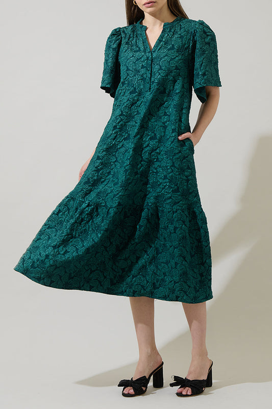 V-Neck Puff-Sleeve Midi Dress