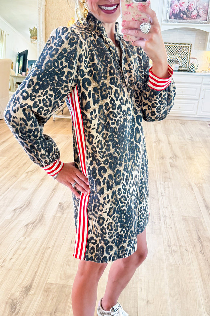 Striped Trim Leopard Pocket Dress