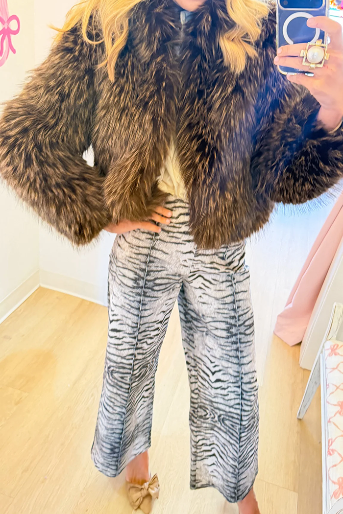 Grey Animal Print Wide Leg Jeans