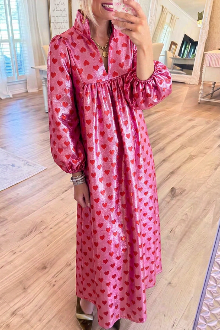 Heart Print Metallic Stand Collar Balloon Sleeves Pockets Maxi Dress