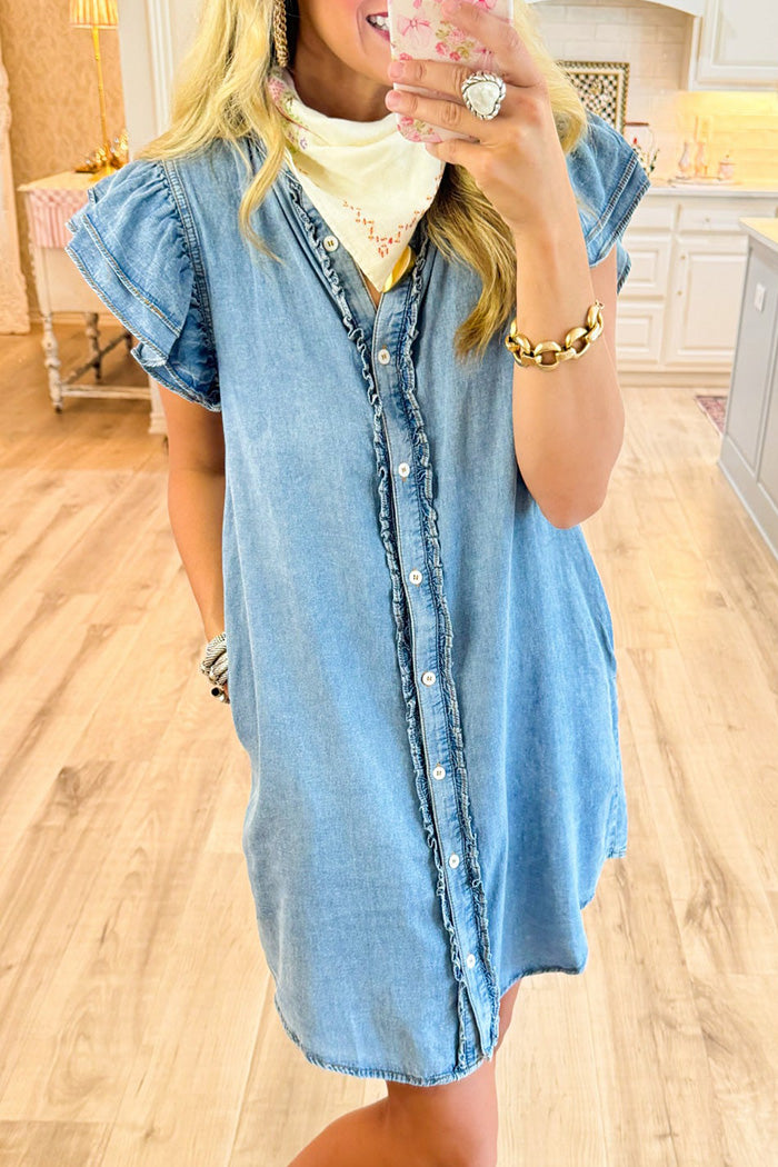 Pocketed Ruffle Button Down Mini Dress