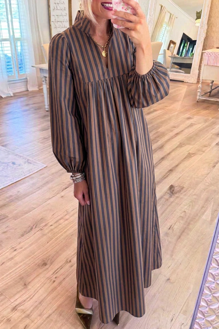 Brown Stripe Stand Collar Puff Sleeves Pockets Maxi Dress