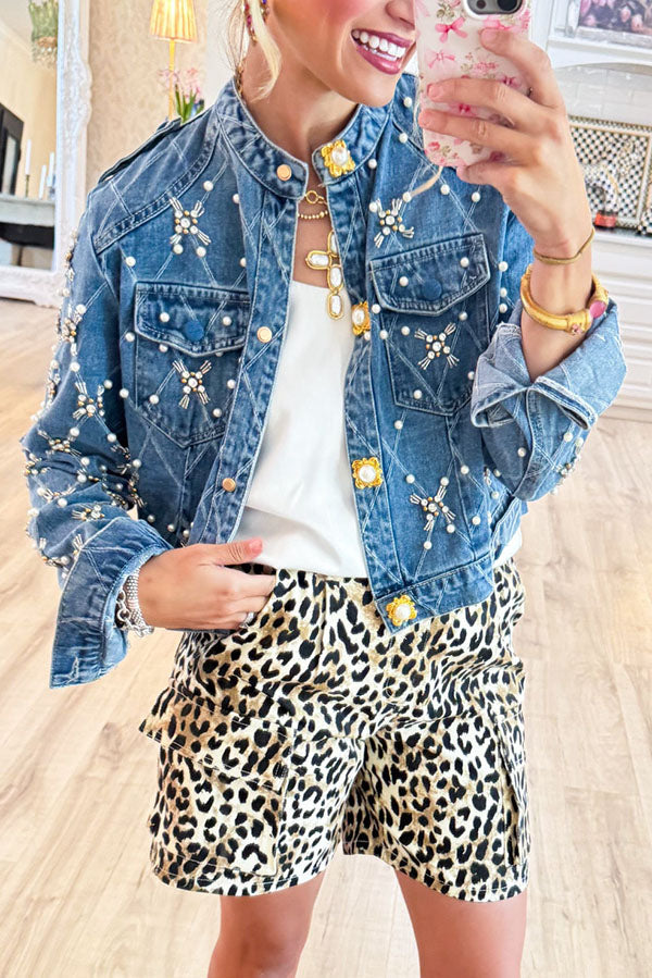 Pearl and Rhinestone Embellished Denim Jacket