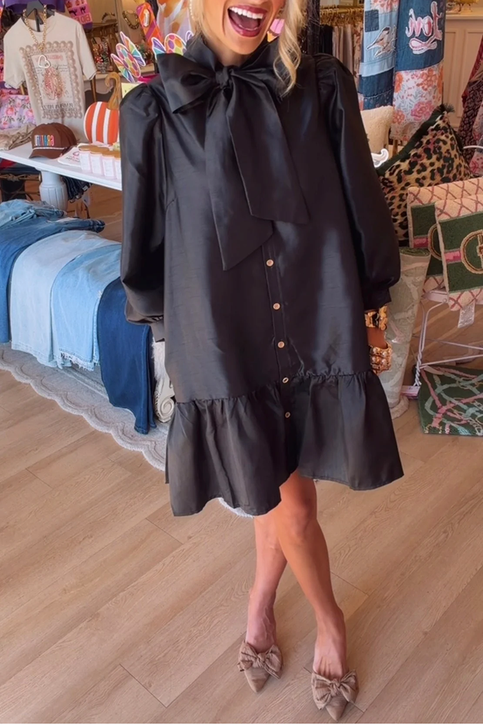 Black Metallic Bow Ruffle Hem Dress