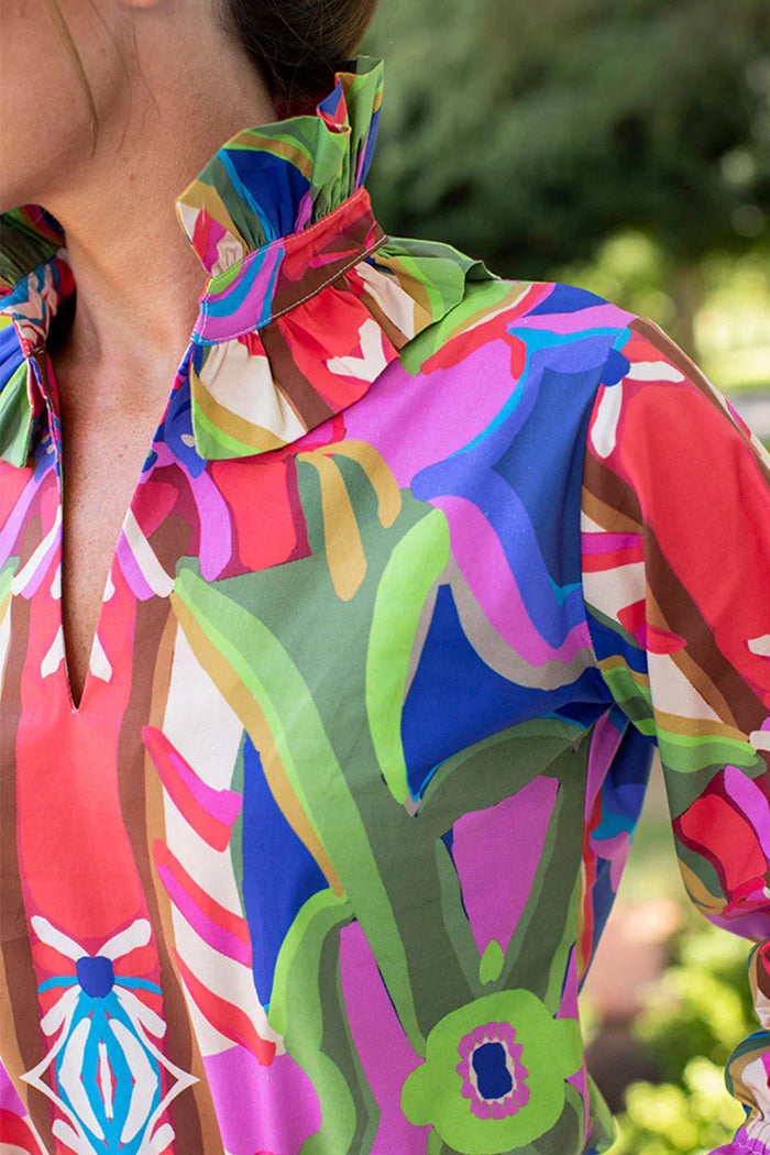 Vibrant Print Double Ruffle Collar Top