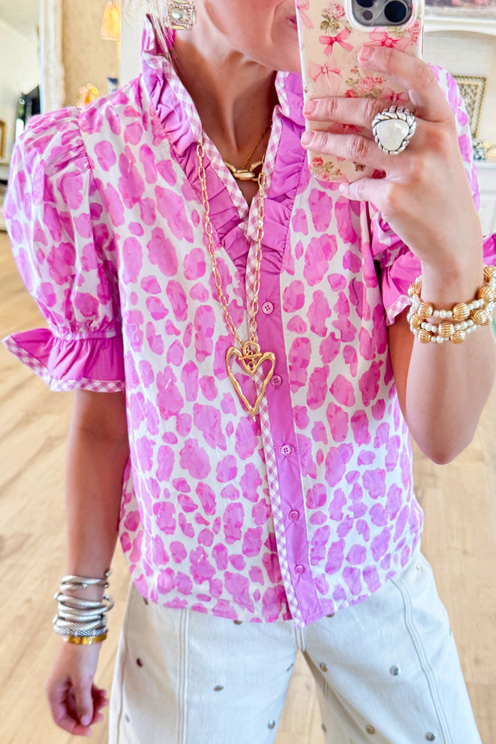 Leopard Ruffle Neck Button Up Top