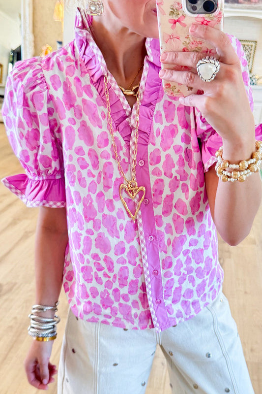 Leopard Ruffle Neck Button Up Top