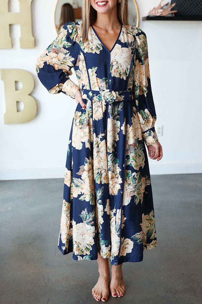 V-Neck Floral Print Long Sleeve Pocket Dress