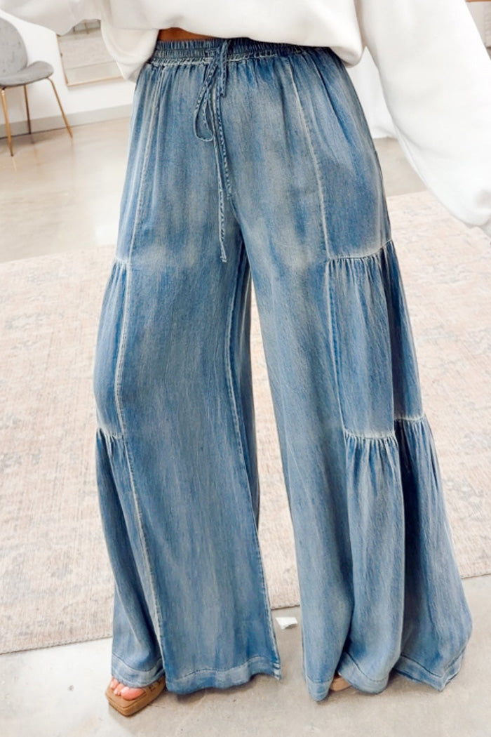 Ruffled Wide Leg Denim Pants