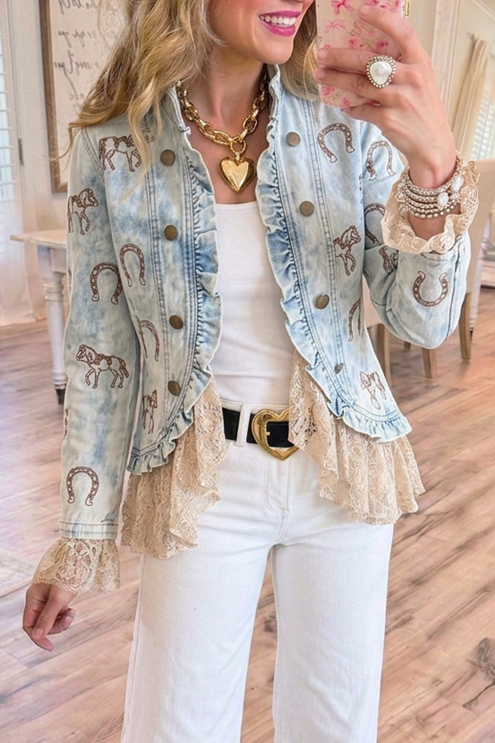 Light Wash Denim Horse Horseshoe Print Lace Ruffle Hem Cropped Jacket