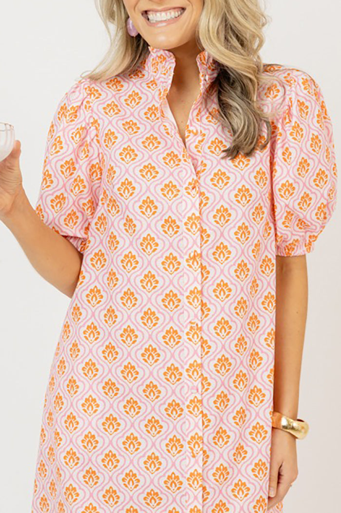 Printed Puff Sleeve Button Pocket Midi Dress
