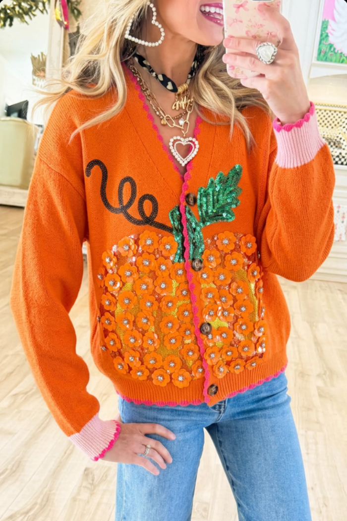 Orange Pumpkin Sequin Floral Scallop Trim Top