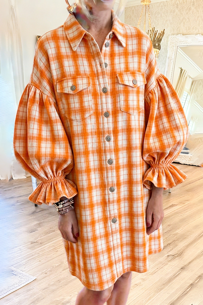 Gingham Collared Pockets Balloon Ruffle Cuff Button Front Shirt Dress