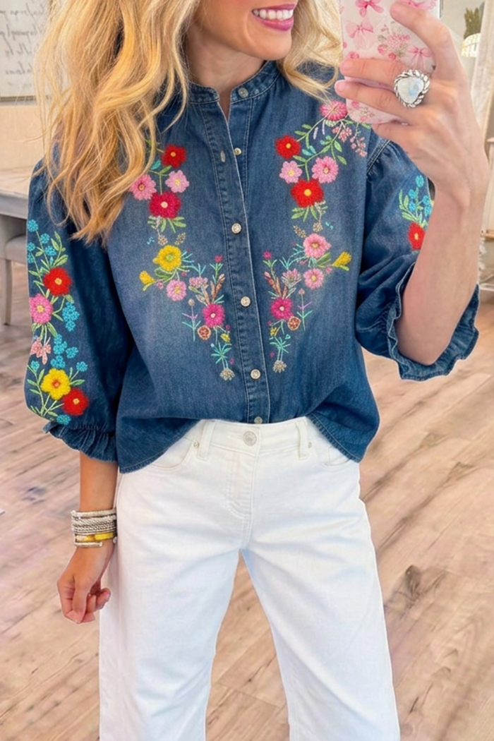 Denim Balloon Sleeve Floral Embroidery Top